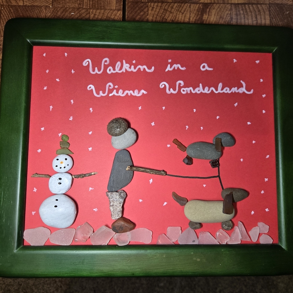 Sea Glass Pebble Art 3D "Walking In A Wiener Wonderland" Dachsund Dog Art